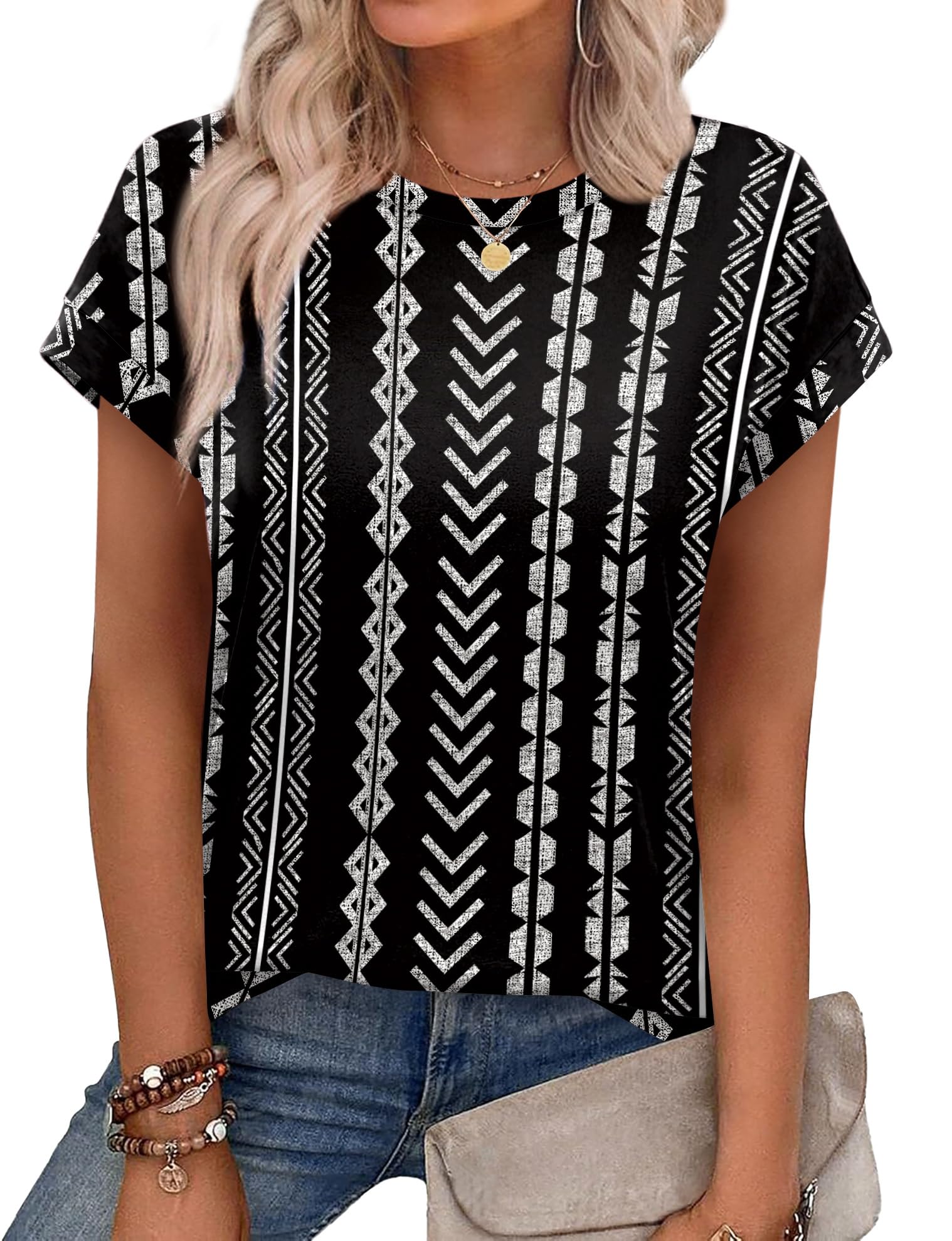 Aokosor Womens Summer Tops Floral Printed Short Capsleeve Shirts Crew Neck Cute Fashion Dressy Tunic Blouses for UK — view 13