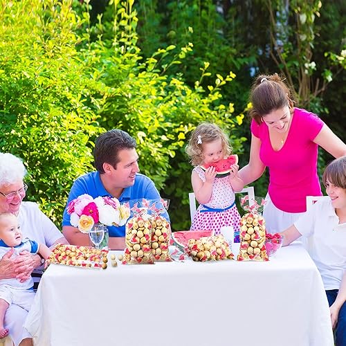 Miniatura 7 de 100 bolsas de golosinas de sandía de celofán, bolsas de dulces de verano, decoraciones de fiesta temáticas de sandía a granel con 100 lazos