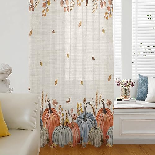 Miniatura 3 de Cortinas de gasa de otoño con diseño de calabazas azules y naranjas de 54 pulgadas de largo, elegantes paneles de ventana de hoja de arce de Acción