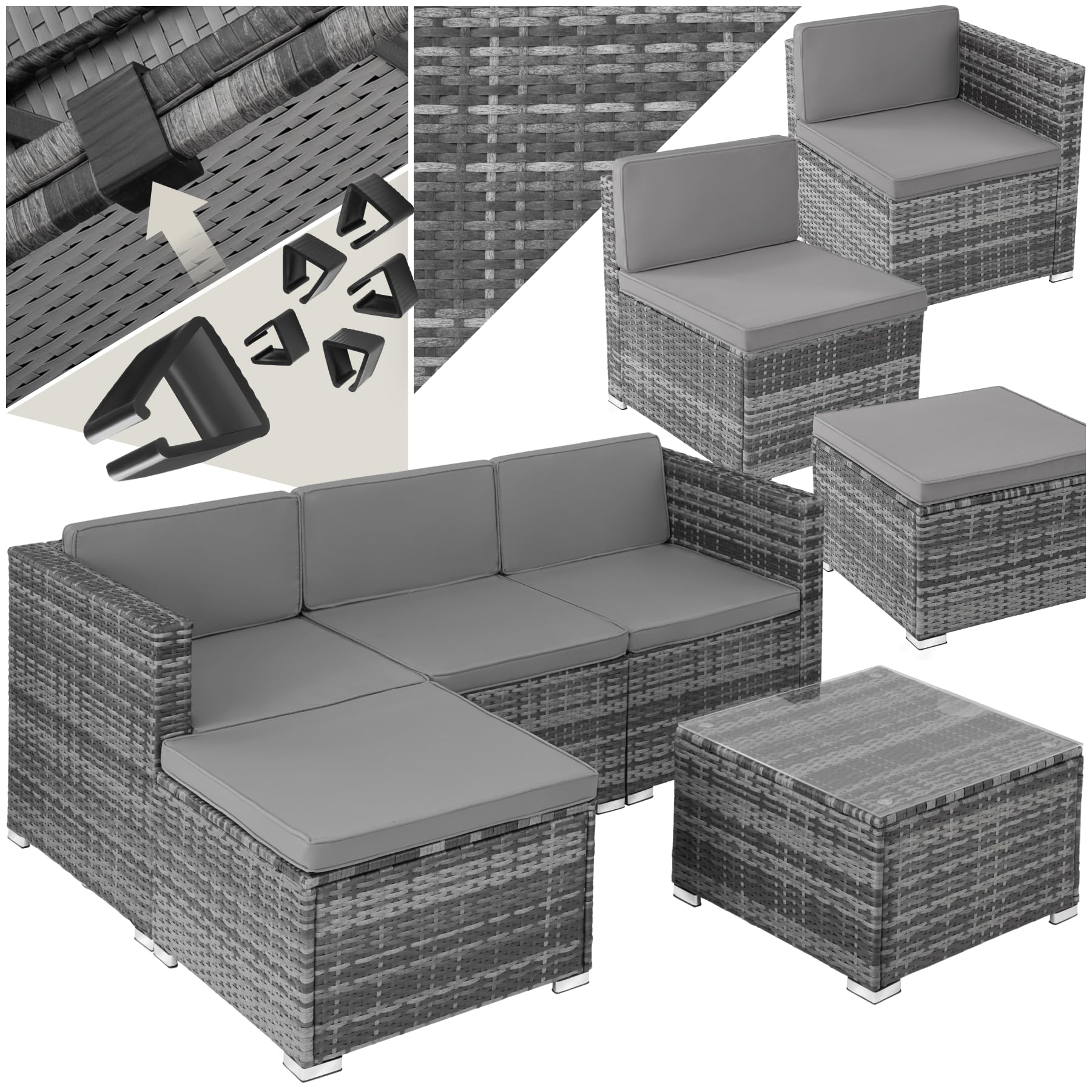 TecTake® Conjunto Jardín en Ratán con Cojines, Conjunto Terraza Resistente a la Intemperie, Muebles Jardín Exterior 1 Banco de 2 Plazas, 1 Tablero con Cristal, Fundas Extraíbles, Fácil Limpieza - Gris