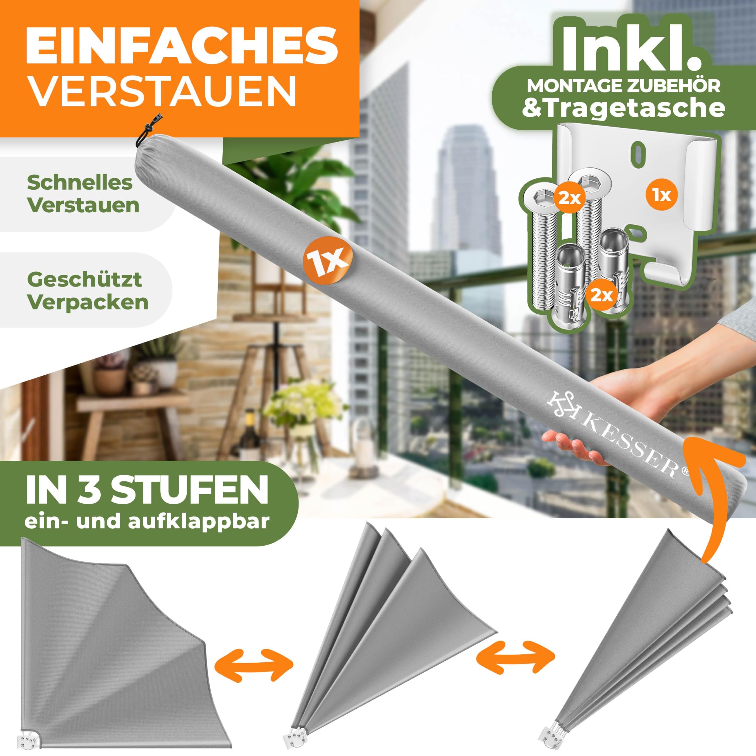 KESSER® Balkonfächer klappbar mit Wandhalterung | 140x140cm | Sichtschutz Balkon Windschutz | Balkonsichtschutz | Seitenmarkise | witterungsbeständig | inkl. Montagematerial | Hellgrau