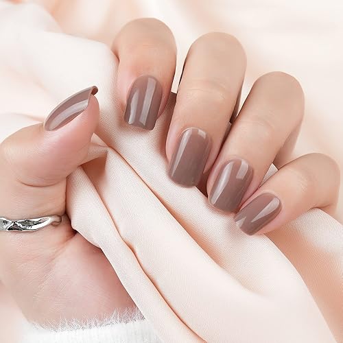Miniatura 1 de Uñas postizas cortas a presión, cuadradas marrones, acrílicas brillantes, sólidas, naturales, 24 piezas de uñas postizas con diseños, kit de arte de