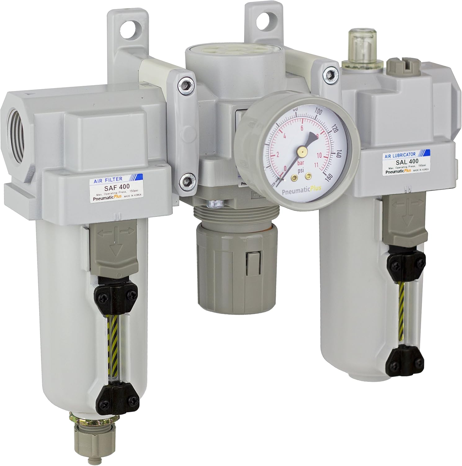 PneumaticPlus SAU400-N06G-MEP Compressed Air Filter Regulator Lubricator Combo 3/4" NPT - Metal Bowl, Manual Drain, Bracket, Gauge