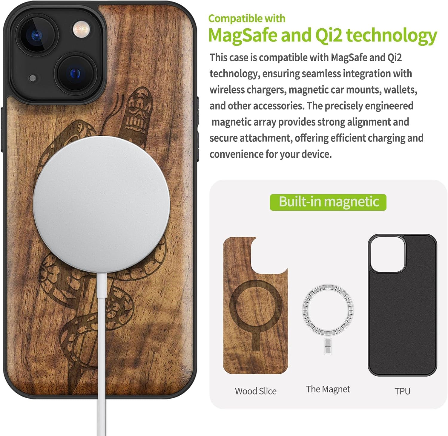 Carveit Magnetic Wood Case for iPhone 13 Mini Case [Hard Real Wood & Soft TPU] Unique & Classy Wooden Shockproof Hybrid Protective Cover Compatible with MagSafe (Serpent Blade -Walnut)