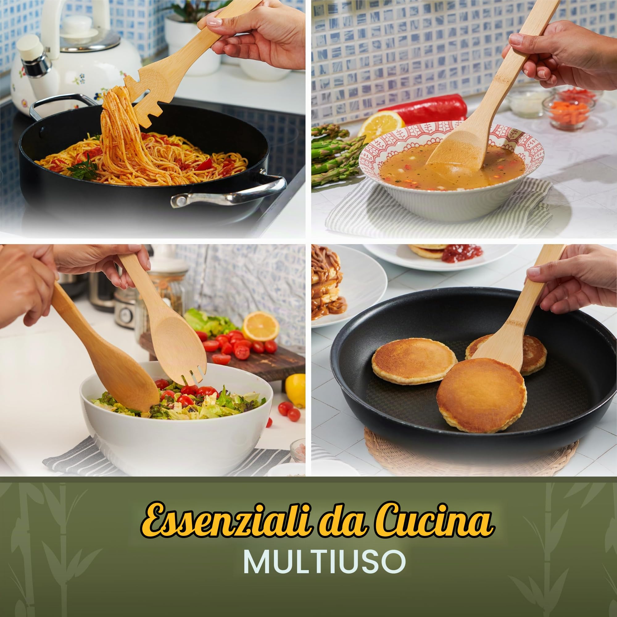 Set di 7 cucchiai da cucina in legno con supporto in 100% bambù