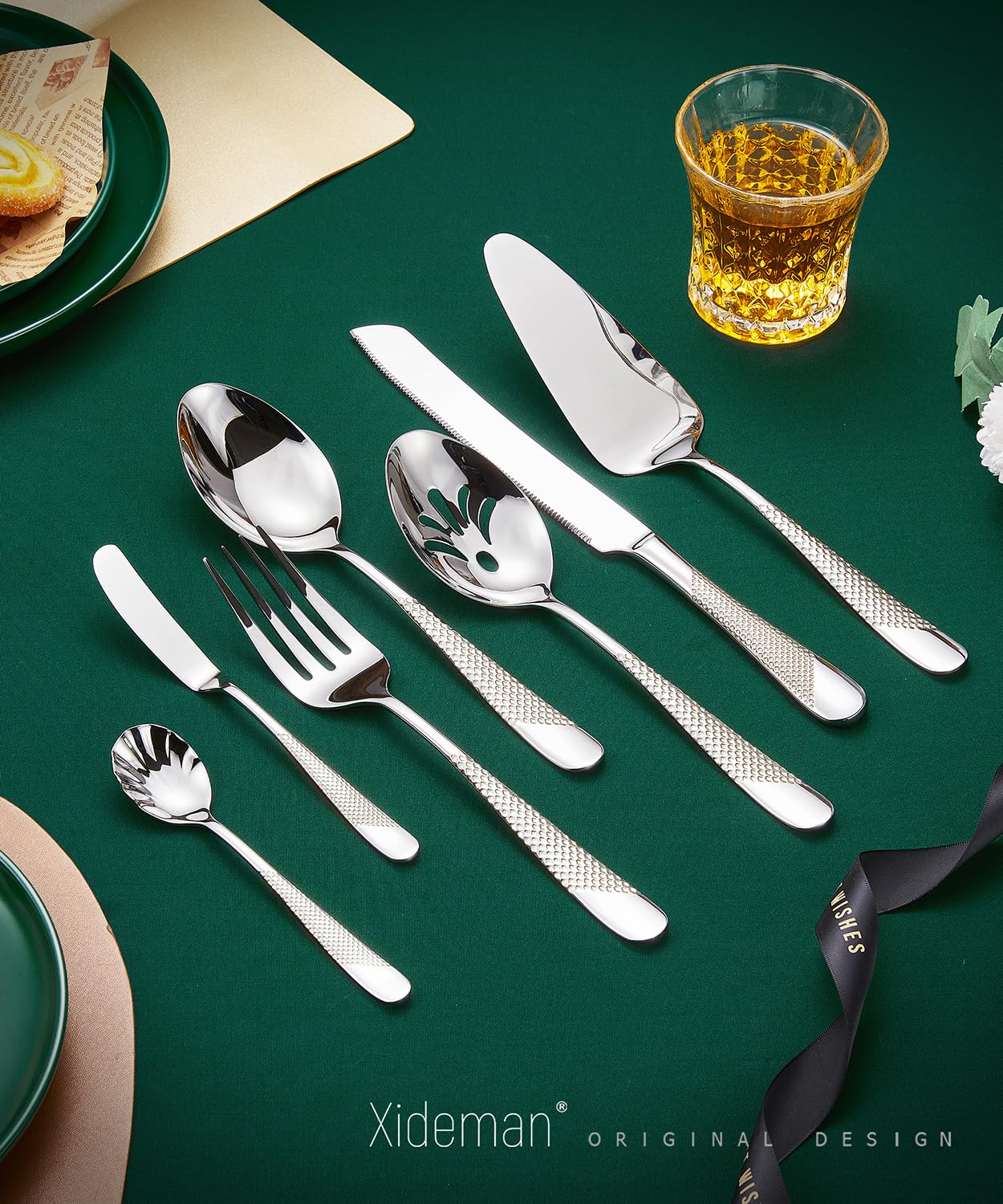 Set di posate servire in acciaio inox 18/10 martellato, 7 pezzi, Posate da hostess con coltello da torta e paletta per torta (Argento)