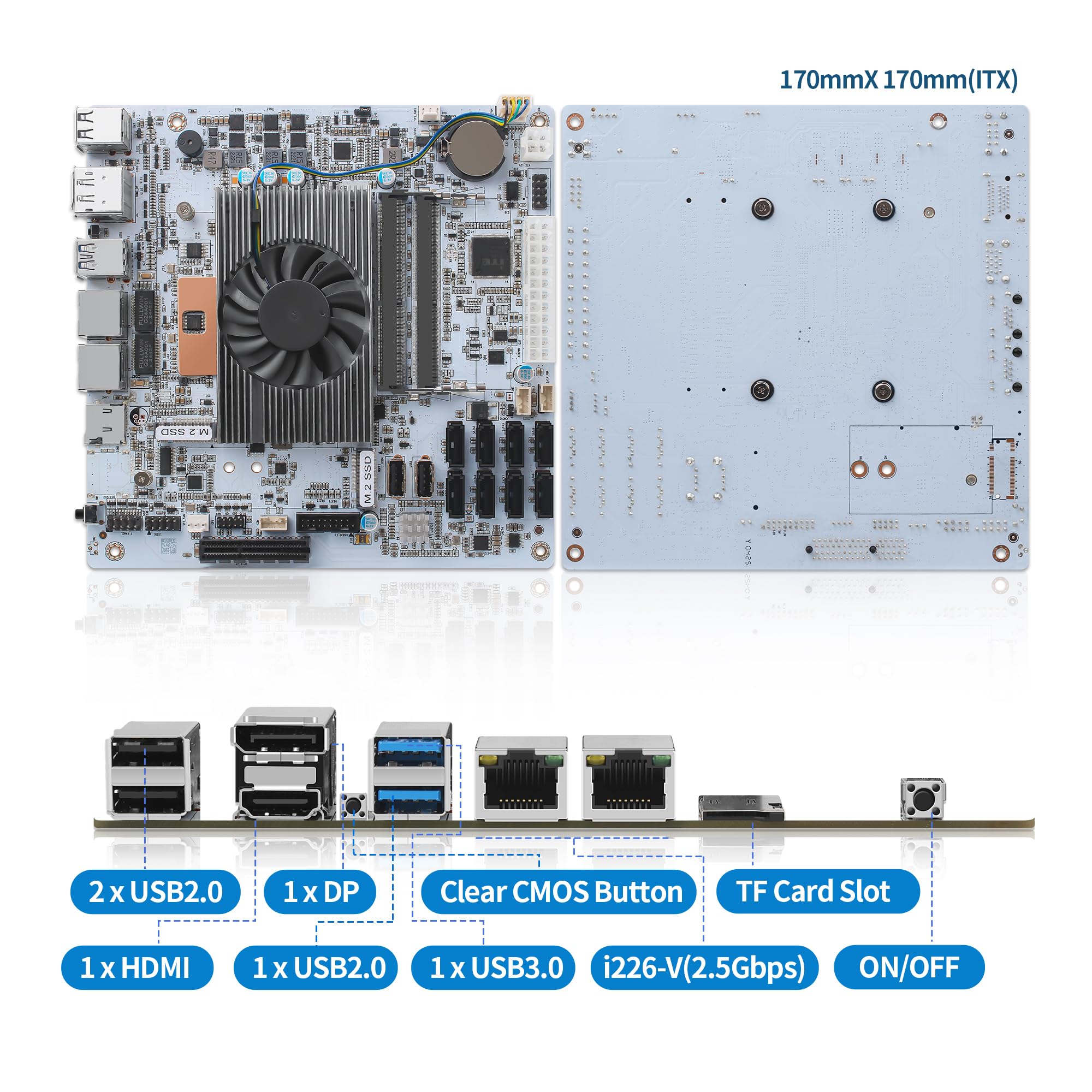 CWWK NAS płyta główna 8 Bay Core i5 8265U 4C/8T, mini ITX PC płyta główna biała M11, 2 x NVMe PCIe3.0 x2, Dual 2.5GbE i226V LAN, DDR4 NO RAM NO SSD, PCIe x4 Slot, TF, HD+DP