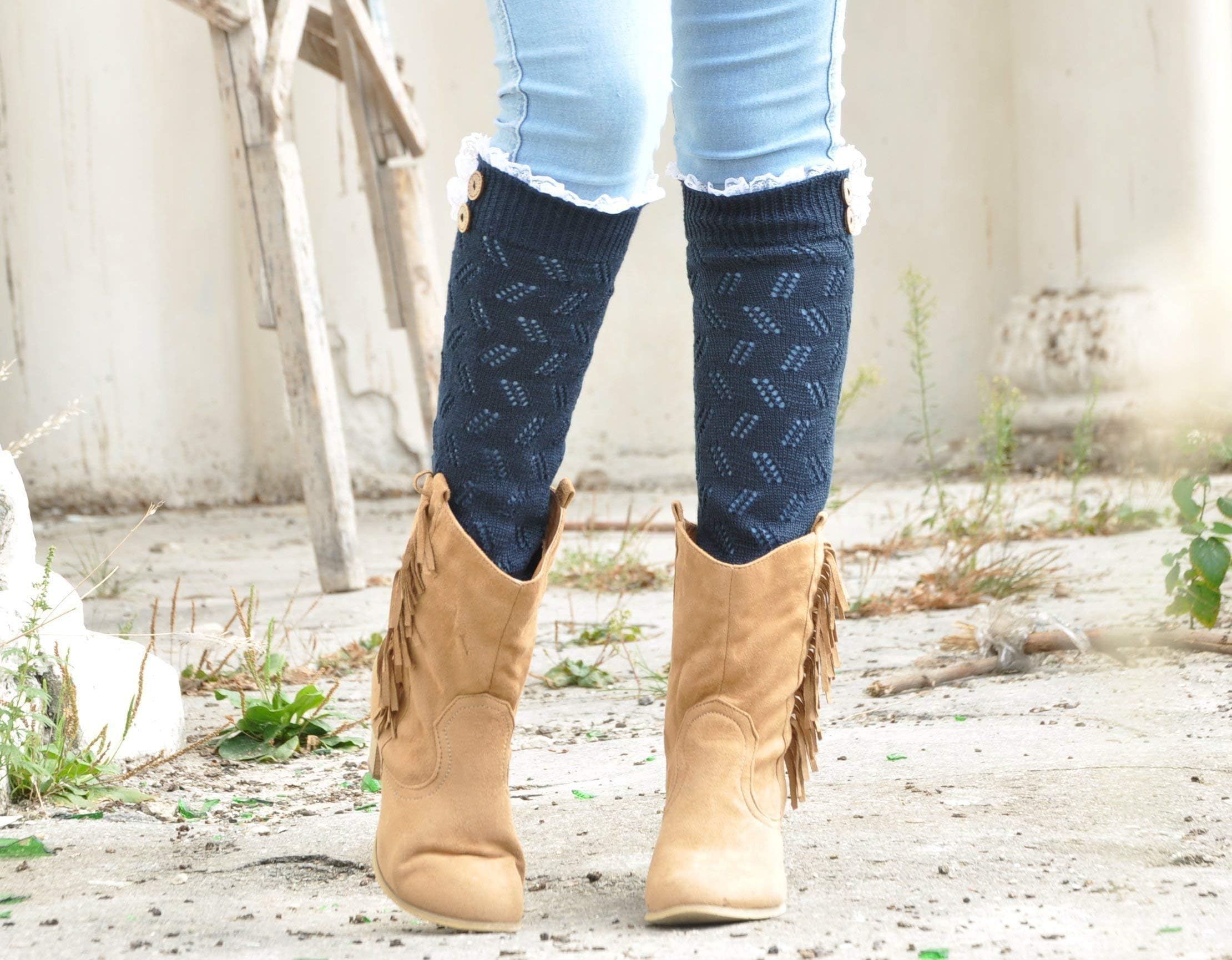 Navy blue Grace lace knit boot socks, Women Leg Warmer, Legwarmers Knee High, Great Gift For Mom, Lace Boot cuffs, Cowboy Boot Socks