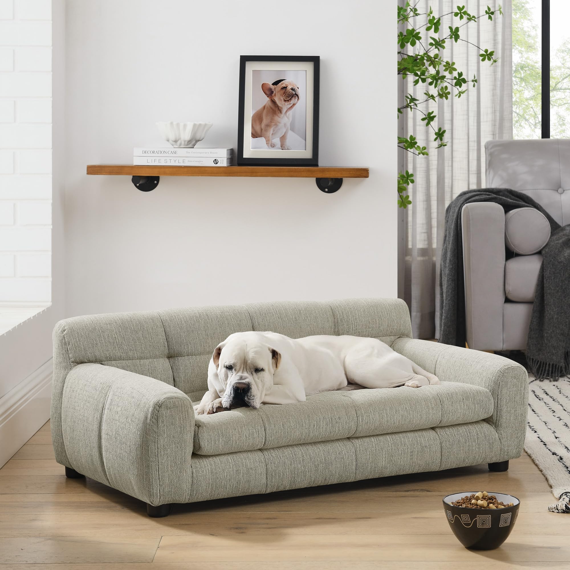 Beige Dog Sofa Bed, Linen Dog Sofa Couch with Backrest and Armrest, Comfy Pet Sofas for Small Medium and Large Dogs (Beige)