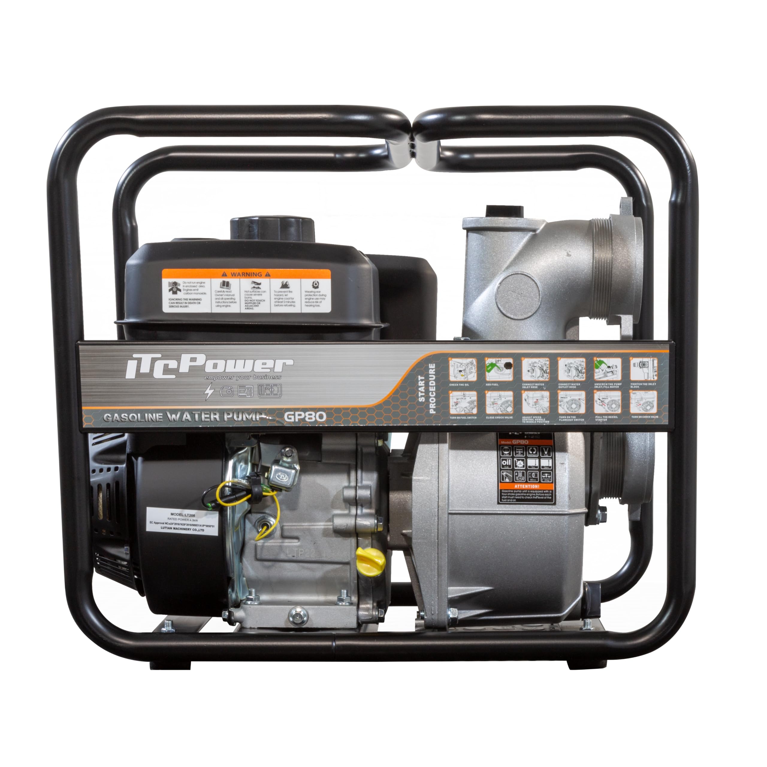 ITCPOWER Motobomba Gasolina 4780W Caudal 60 m³/h para Agua Limpia - Bomba Agua 1000 L/min con Altura 30 m - Ligera con Sello Mecánico Resistente - Cuerpo Inyección Aluminio y Paso 9 mm