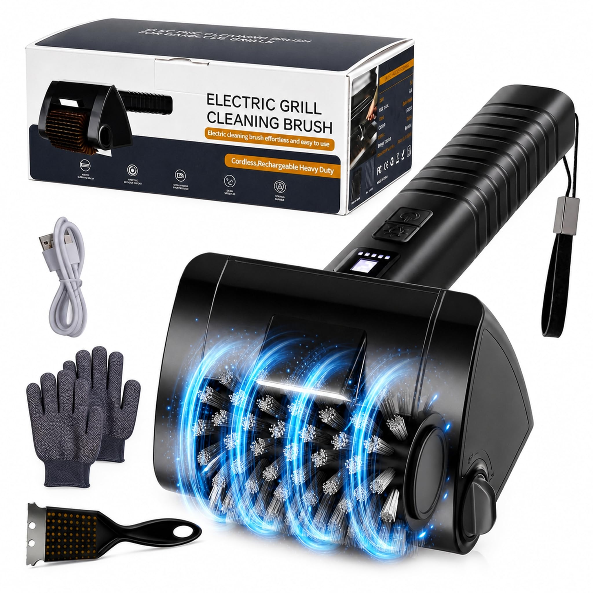 Spazzola Elettrica Barbecue Senza Fili, Pulizia BBQ con Acciaio Inox 304 | Pulitore Barbecue Ricaricabile 4000mAh, 380/490RPM, 90min, IPX7, Luce LED, Spazzola Pulizia Griglia BBQ 2 Velocità