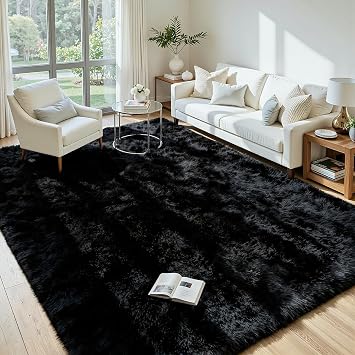 5x7 Fluffy Area Rug for Living Room Soft Non-Slip Black Bedroom Carpet | Ultra Soft 1.7" Thick Memory Foam, Non-Shedding, Anti-Static Fuzzy Carpet, Pet Friendly Decor for Kids Room, Nursery & Dorm
