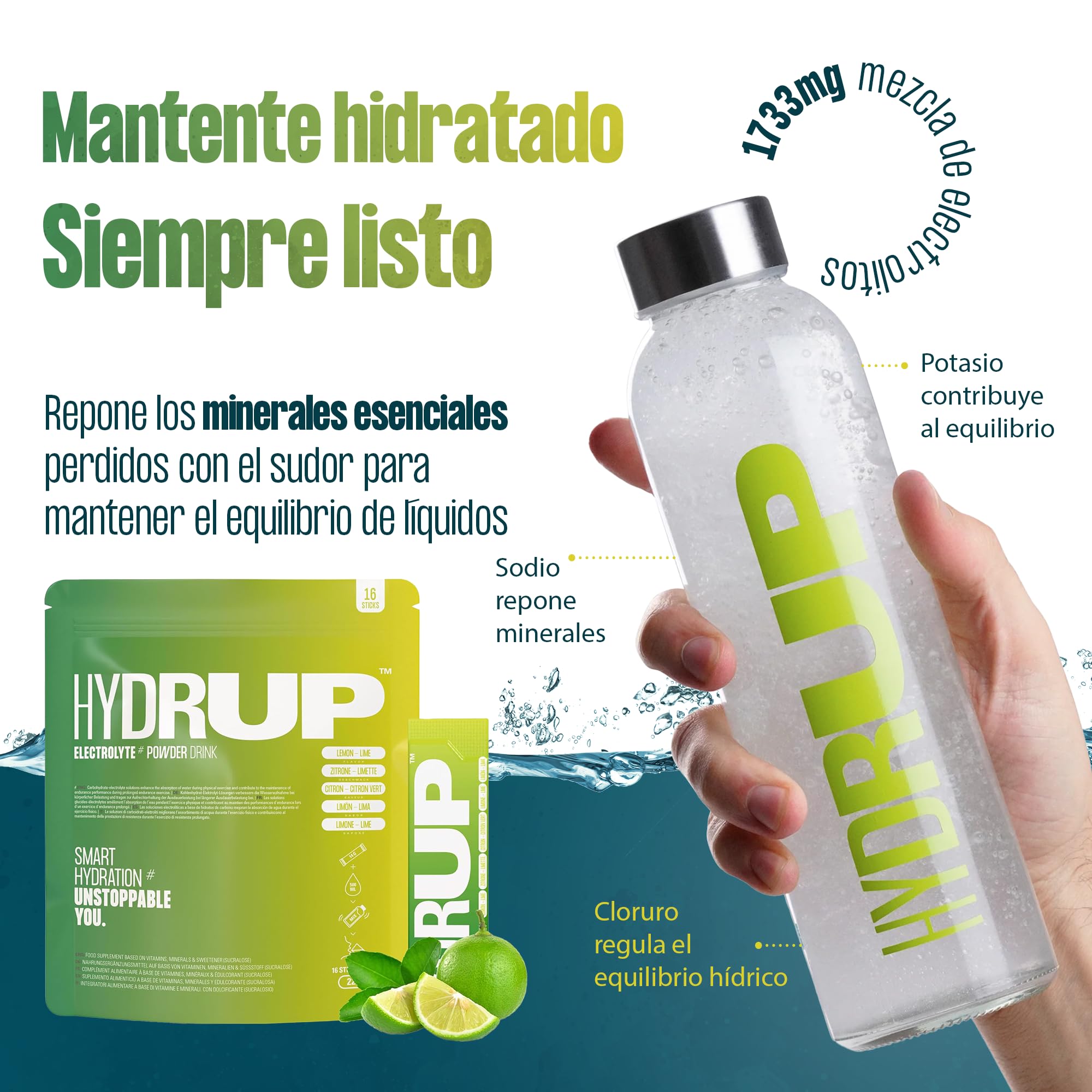 HYDRUP Electrolitos en Polvo 1733 mg - Hidratación Rápida y Energía al Instante, Sales Minerales con Vitaminas B y C para Deporte, Sabor Lima Limón, 16 Sobres Sin Gluten ni Lactosa