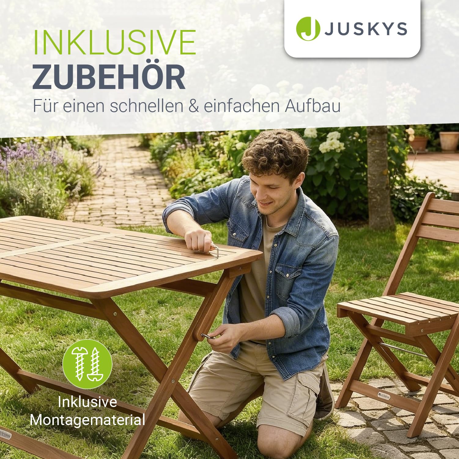 Juskys® Gartenmöbel Set Rimini - Natur, Akazie Holz, inkl. 4er Set Stühle & Tisch, Stabil, Langlebig