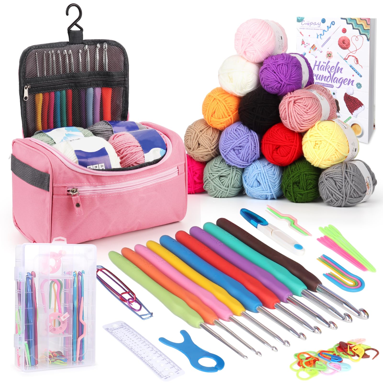 Coopay Draagbare haakset voor beginners, 86 stuks haaknaaldenset met 20 wol, tas, haakaccessoires, ergonomische haaknaalden met zachte grip en metalen haaknaalden, 2,0-10 mm haakset, bruin