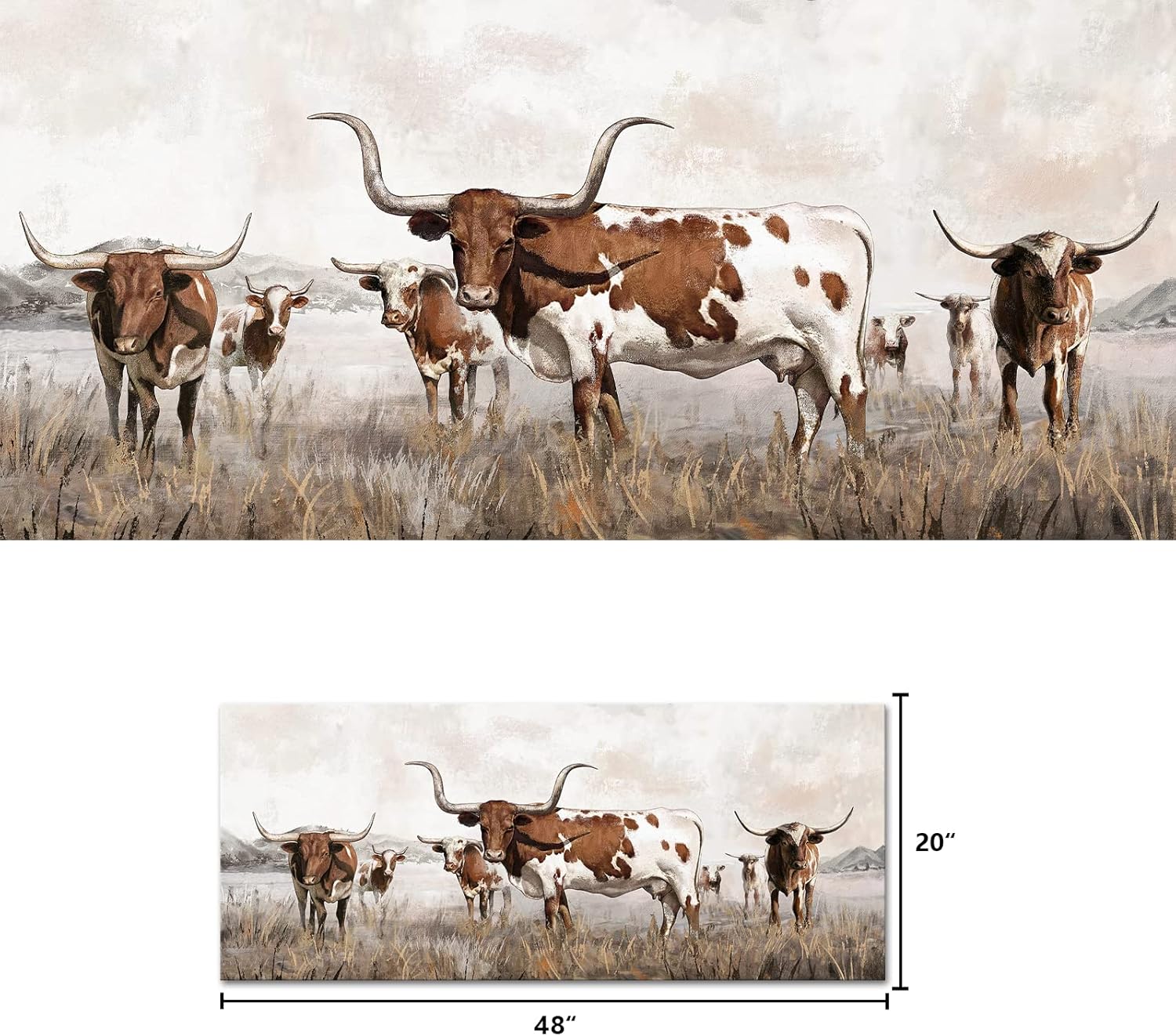 Visual Art Decor Large Longhorn Canvas Wall Art Texas Decor Western Farmhouse Cow Cattle Picture Art Prints for Living Room, Kitchen, Bedroom, Office & Home Decor Gift Ready to Hang (Brown)