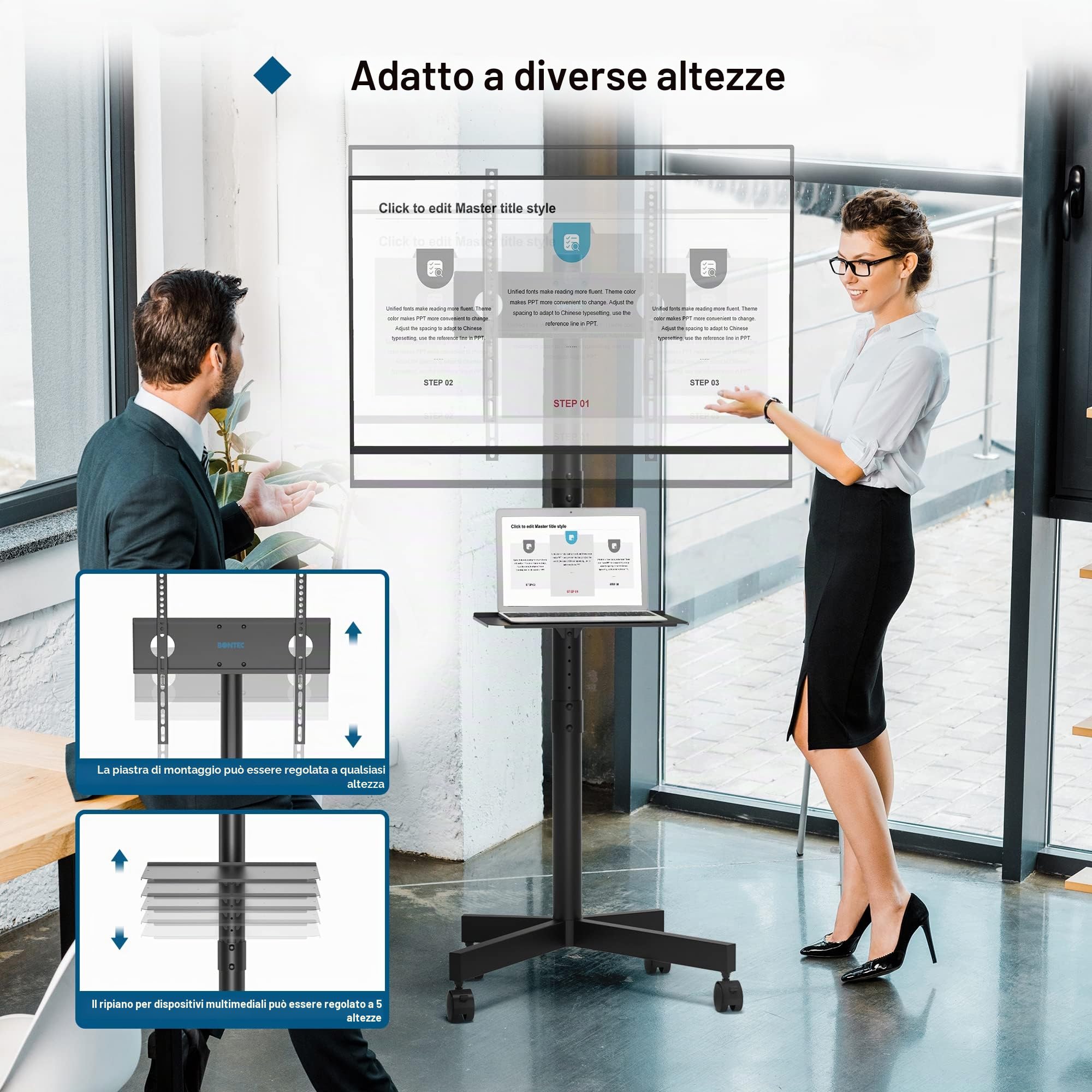 BONTEC Supporto TV da Pavimento 23-60 Pollici con Ruote, Carrello Staffa Porta Mobile fino a 25 kg, VESA 400x400 mm