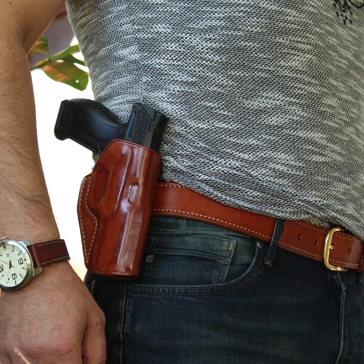 Premium Leather OWB Paddle Holster with Open Top Fits, Walther PDP Compact 9mm 4", Right Hand Draw, Brown Color #1607#