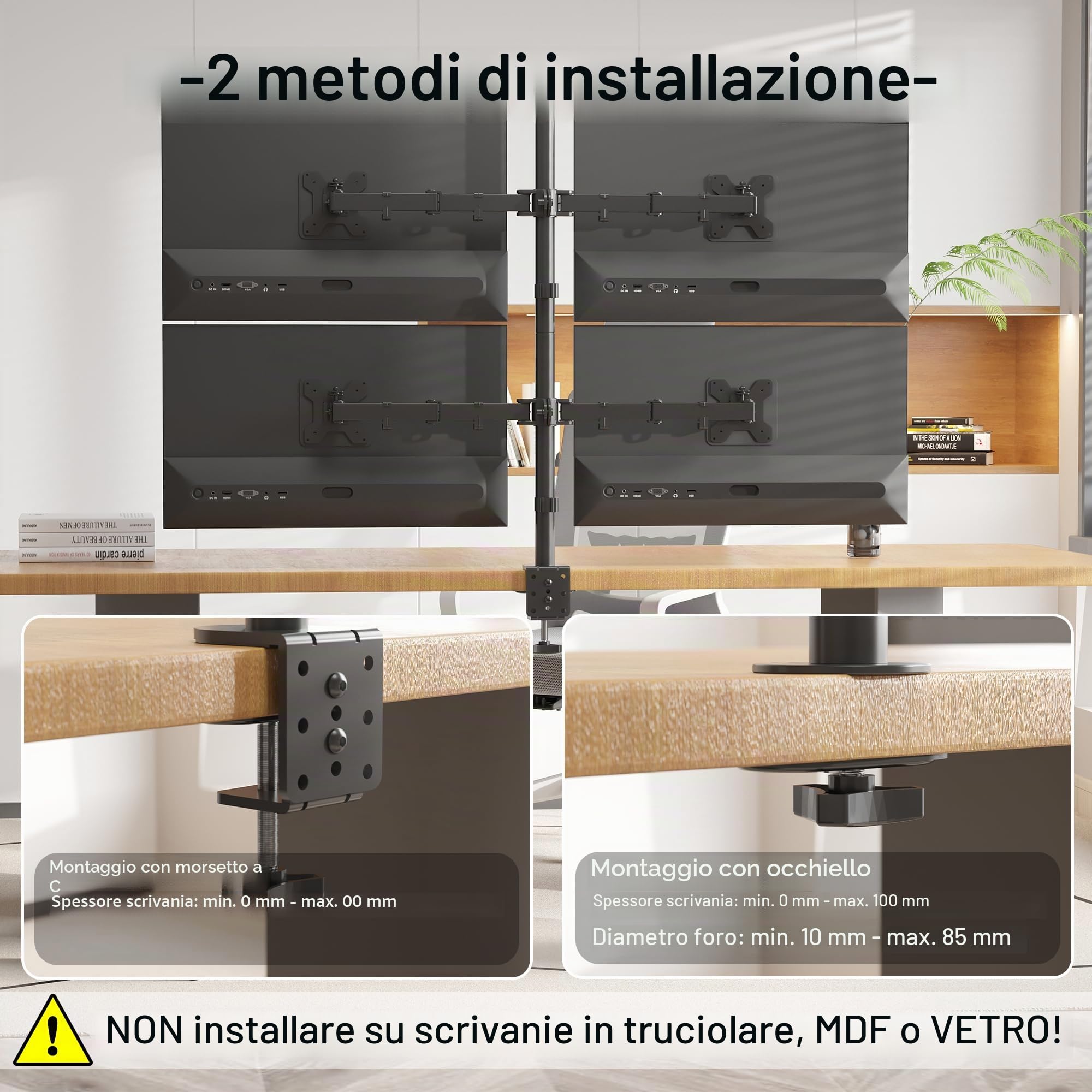 BONTEC Supporto da Tavolo per 4 Monitor 13"-27", Regolabile in Altezza, 360° Rotazione e 180°Orientamento, VESA 75/100mm, Morsetto Scrivania e Perforazione, Fino a 10kg per Schermo