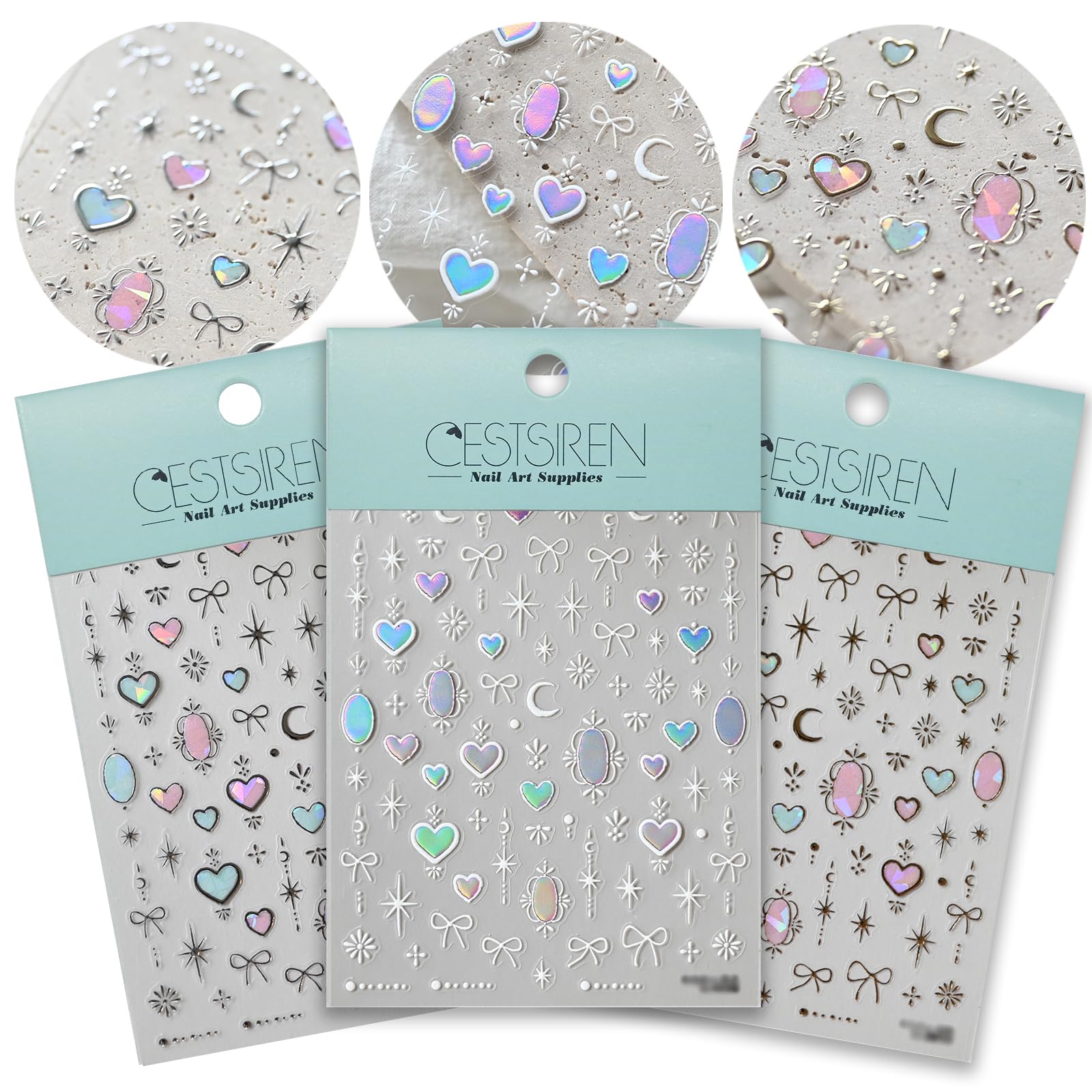 CESTSIREN Holographic Heart Nail Art Stickers Star Moon Gold Silver Totem Metallic Embossed Nail Decals for Nail Art Design Self-Adhesive Nail Accessories for Women Nail Art Supplies 3 Sheets