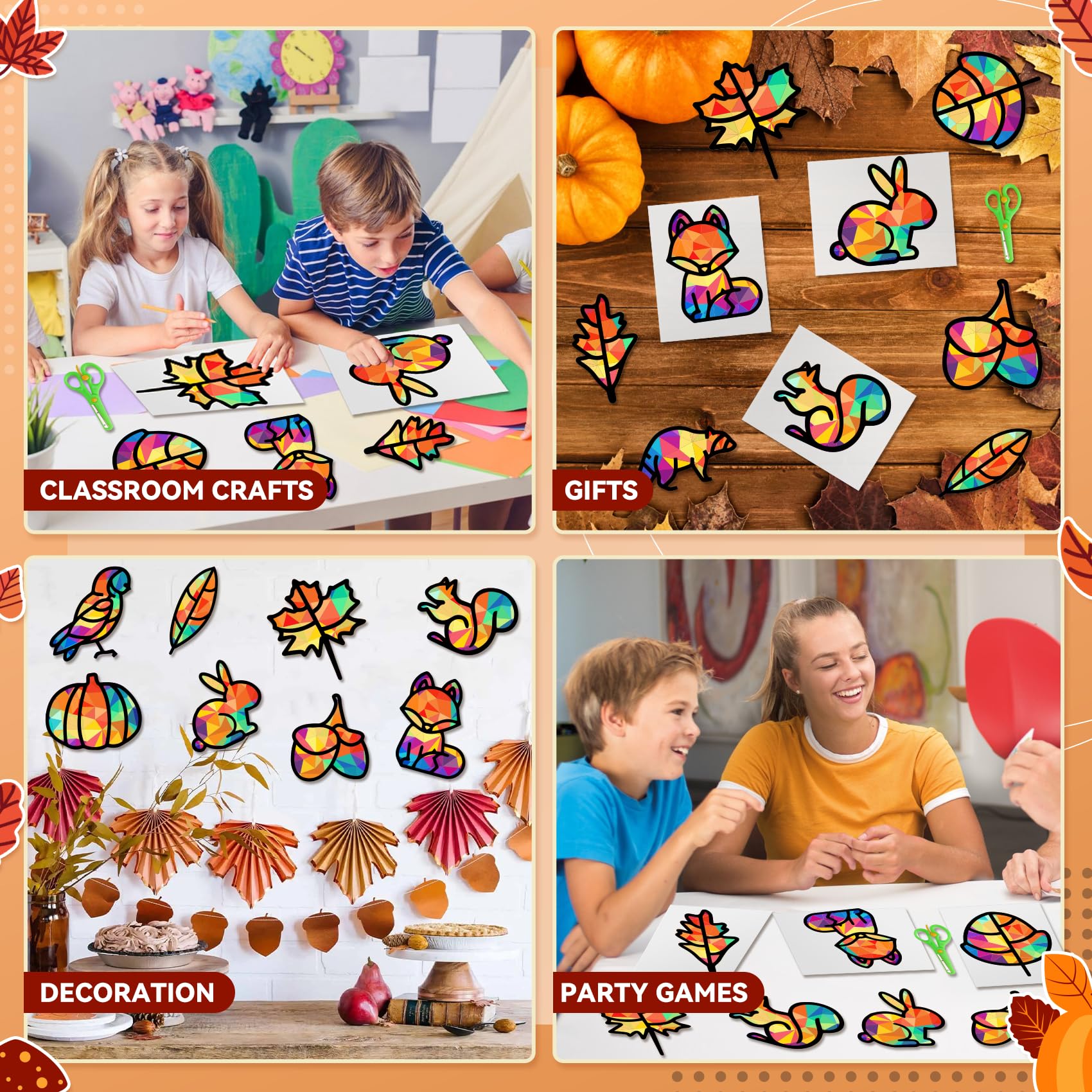 Herbst Bastelset Für Kinder - 12 Fensterbilder Mit Tier- & Blatt-Motiven Inkl. Schere & Buntem Papier