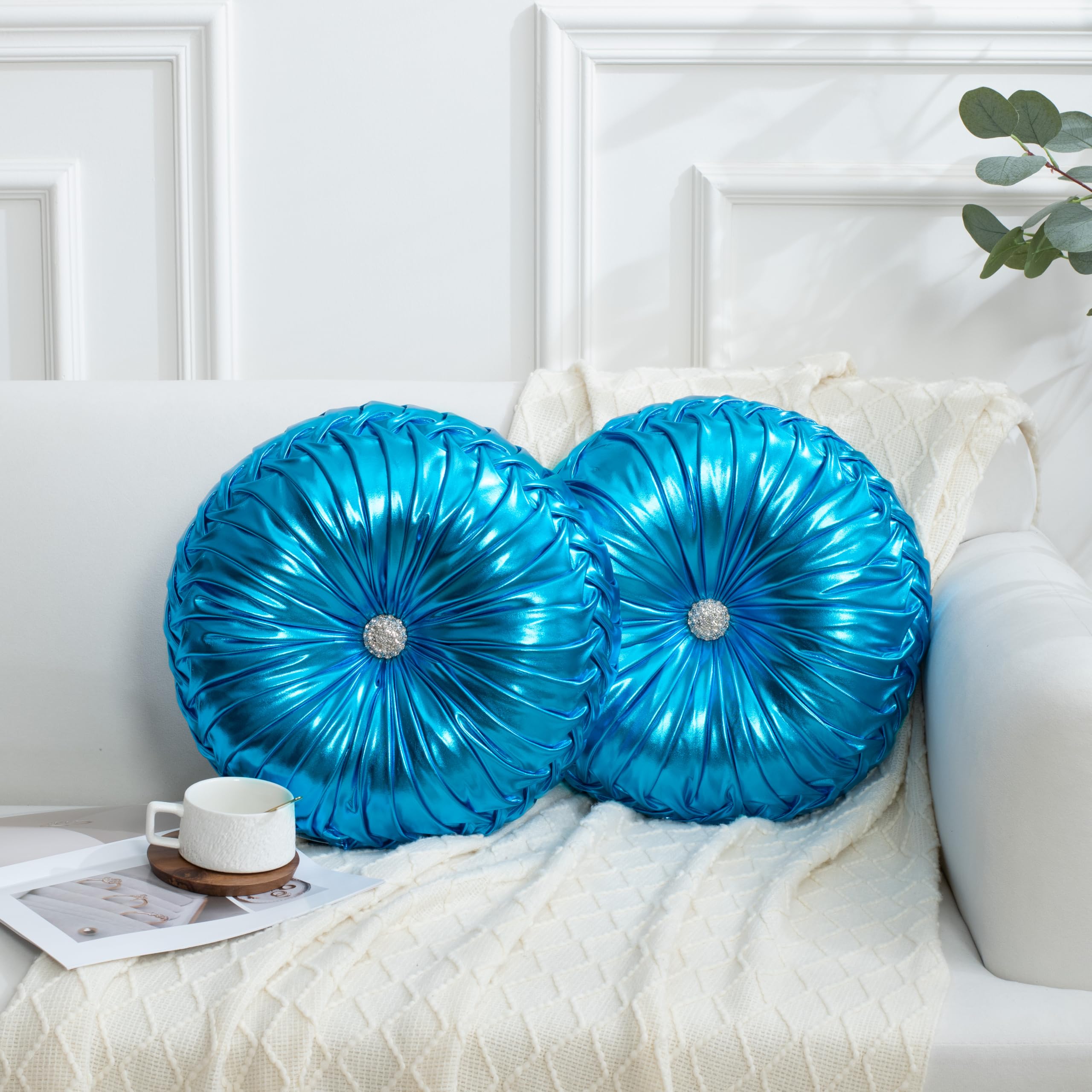 HIG Set of 2 Blue Metallic Leather Decorative Round Pleated Throw Pillows