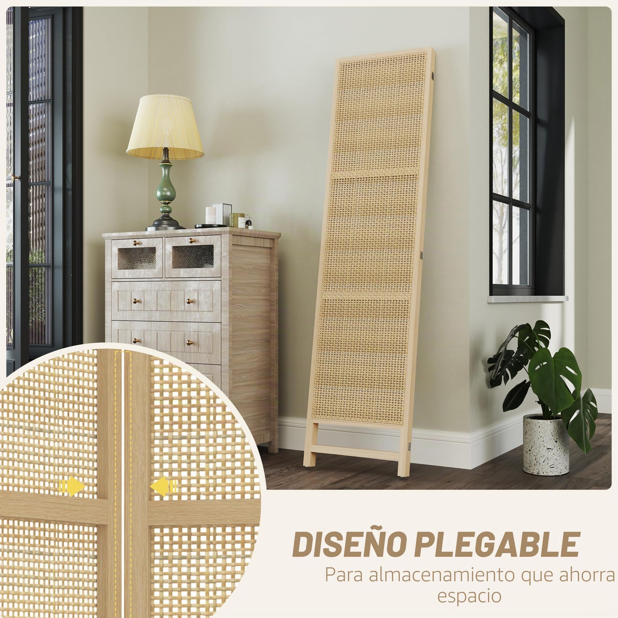 HOMCOM Divisor 3 paneles 135x180cm PP Ratán Natural | Divisor plegable, pantalla de privacidad, tabique para sala de estar