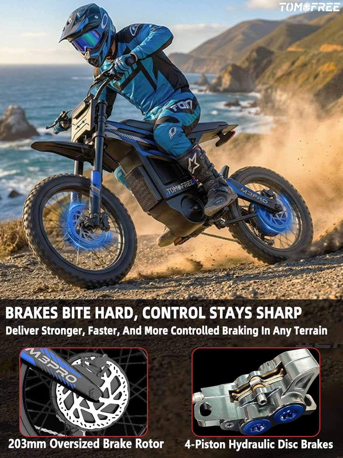 Tomofree Electric Dirt Bike, Peak 6500W Motor, 50MPH Electric Motorcycle Bike for Adults, 72V/30AH Electric Bike, 150N.m, 4-Piston Hydraulic Brakes, 5A Fast Charging 19'' Off-Road Tire