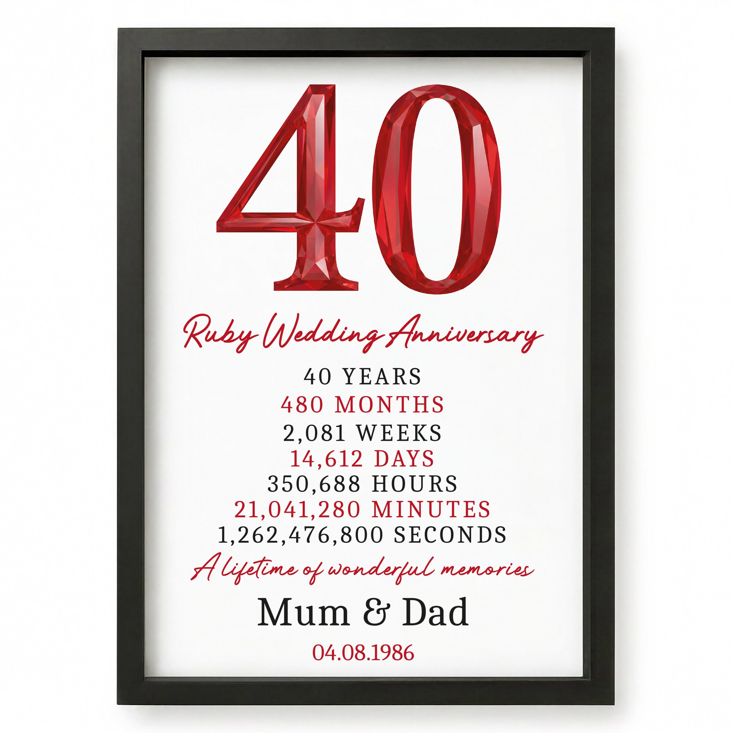 Beecreative Ruby Anniversary Wedding Gifts for Parents. Personalised 40th Wedding Anniversary Presents for Mum and Dad. A5 and A4 Poster Print and Frame