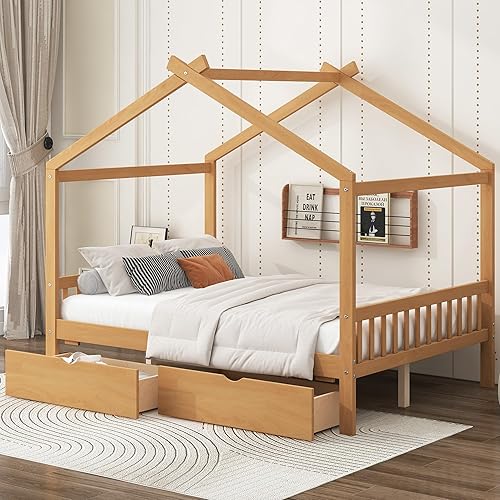 Miniatura 13 de Cama de casa de tamaño individual con 2 cajones de almacenamiento de madera para niños, marco de cama Montessori, casa de juegos de madera, tienda