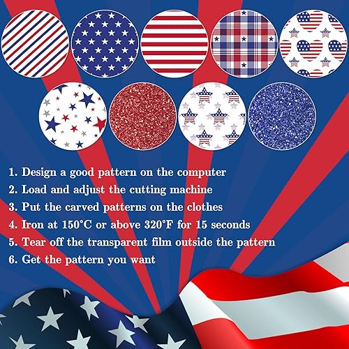 Miniatura 3 de Whaline 9 hojas de vinilo patriótico de transferencia de calor para planchar con purpurina del 4 de julio, patrón de estrella estadounidense, vinilo