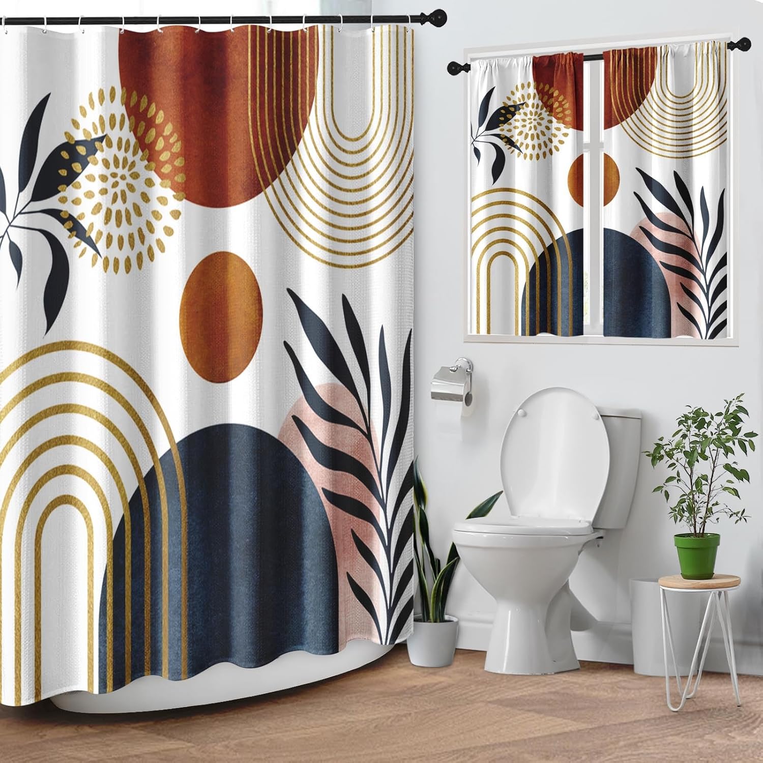 Boho Geometric Leaf Shower Curtain Set, Mid Century Sun Bohemian Bathroom Window Waffle Textured Cloth Waterproof Shower Curtains for Bathroom Decor