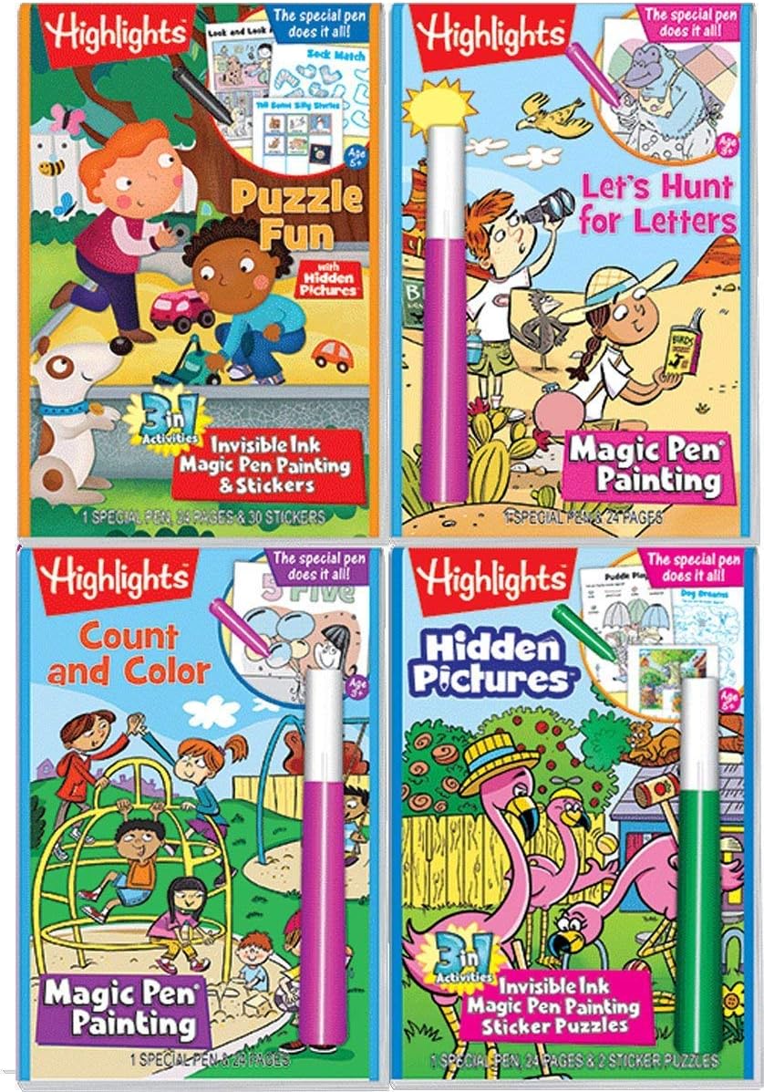 Highlights Magic Pen Painting Activity Books Includes 4 Books: Highlights Hidden Pictures, Fun Puzzle, Let's Hunt for Letters, Count and Color Invisible Ink Magic Pen Painting Books