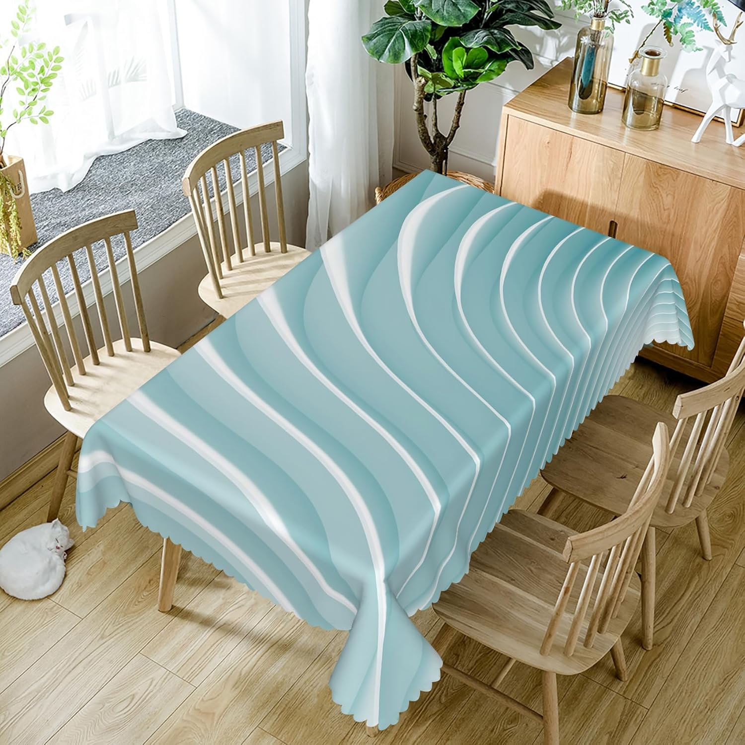 52x70inches Abstract 3D Wave Pattern Tablecloth Modern Geometric Gradient Turquoise White Table Covers Waterproof Durable Polyester Fabric Table Cloth for Dining Room Living Room Home Decor