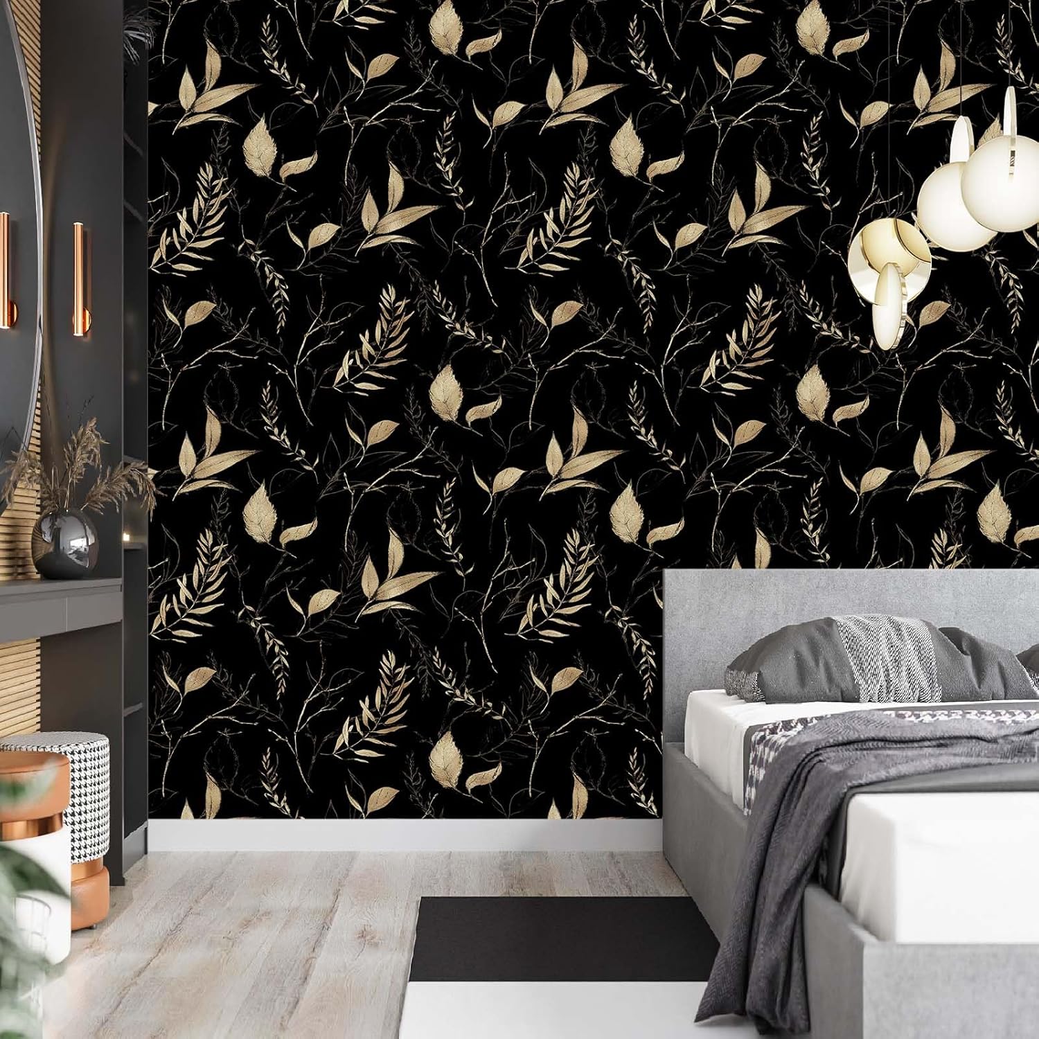 Dark Black and Gold Leaf Peel and Stick Wallpaper Removable Waterproof Wallpaper for Bedroom and Accent Walls Renter Friendly 17.7" x 354"