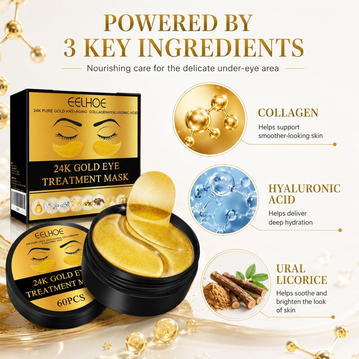 24K Gold Under Eye Patches, 120PCS Eye Mask with Collagen, Hyaluronic Acid & Ural Licorice, Hydrating Gel Eye Pads for Puffy Eyes, Dark Circles, Fine Lines, Women & Men