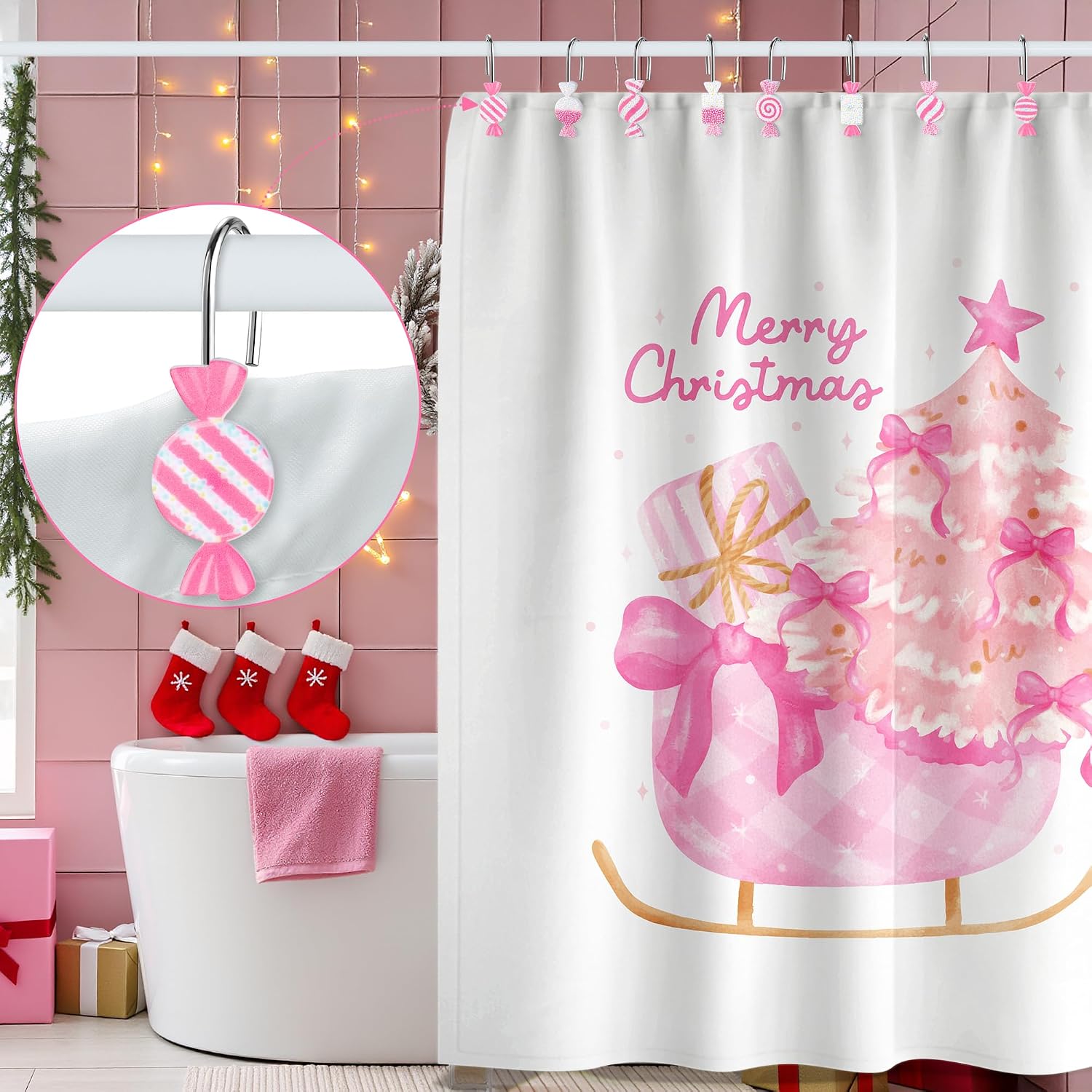 MALLMALL6 Pink Candy Shower Curtain Hooks, 12Pcs Frosted Candy Decorative Hangers Metal Rustproof Bathroom Bedroom Living Room Baby Nursery Art Decor Accessories Stainless Curtains Rings image 5