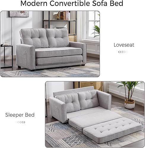 Miniatura 91 de Sofá cama biplaza de terciopelo convertible y moderno con cama desplegable, respaldo ajustable y 2 almohadas lumbares, para espacios pequeños (gris