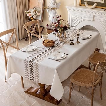 Joyfol Day Linen Tablecloths for Rectangle Table, Heavy Duty Beige Embroidery Tablecloths, Burlap Farmhouse Tablecloth, Waterproof and Wrinkle Free Table Cover, 102x 55