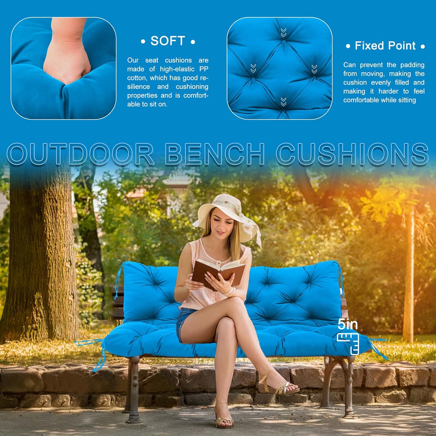 Porch Swing Cushions 60 inch with Ties 2-3 Seater Waterproof Swing Replacement Cushion Thicken 5" Outdoor Swing Cushions for Garden Bench Patio Backyard (Peacock Blue)