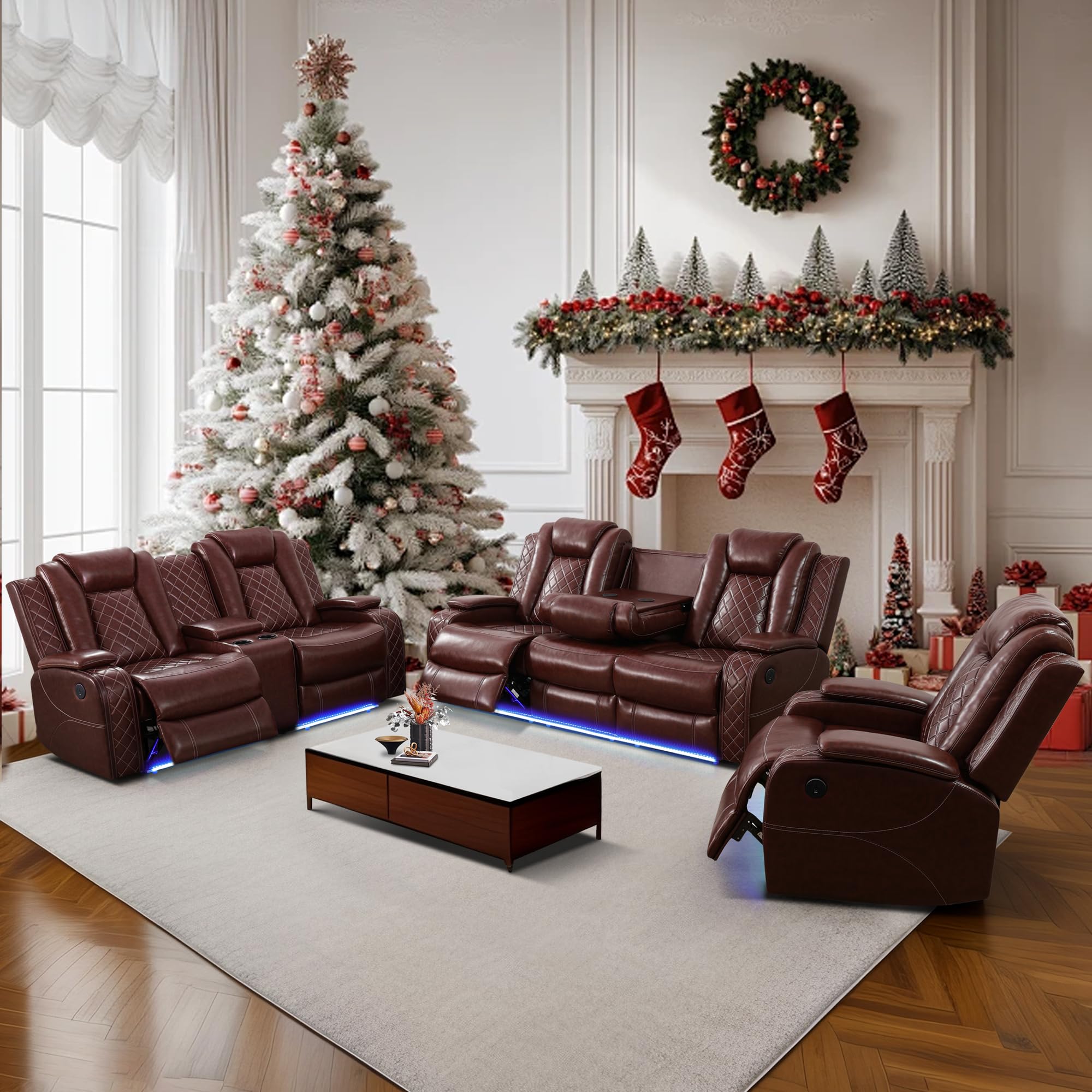 Breathing Leather Power Recliner Sofa Set, Reclining Couch Set with LED Light/Cup Holders/Storage, 3 Piece Living Room Set 3 Seat Sofa Loveseat and Chair for Home Theater (Auburn)