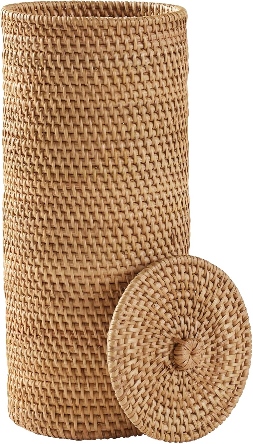 Rattan Toilet Paper Holder with Lid, Freestanding Wicker Bathroom Storage Bin, Natural Honey Brown, Holds 4 Rolls, 7x7x12 Inches