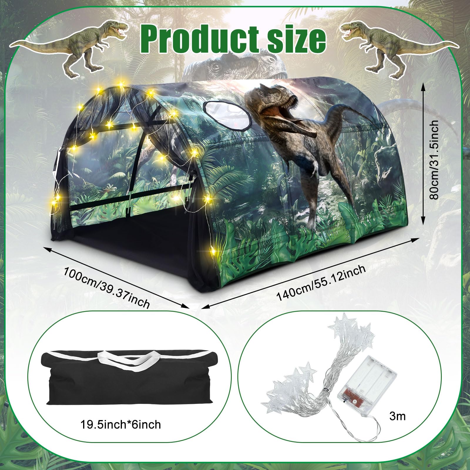 Wowangce Dinosaur Bed Tent for Kids Large Kids Twin Tent Toddler Play Bed with Carry Bag Foldable with String Lights for Girls Boys Bedroom Indoor Games