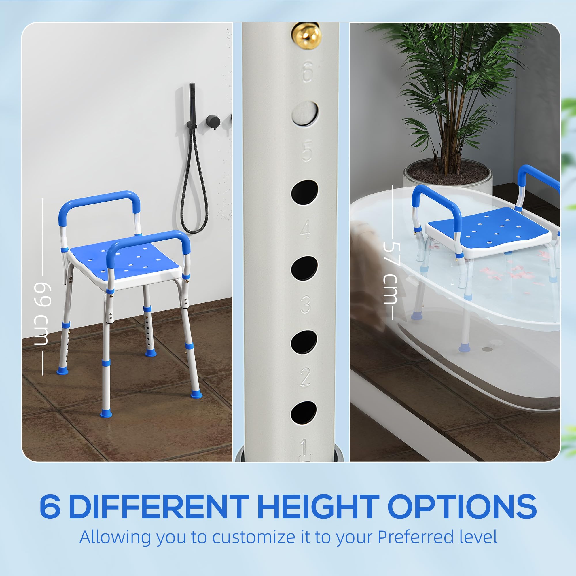 HOMCOM Taburete de Ducha portátil, Silla de Ducha Antideslizante con Altura Ajustable y cojín EVA, Silla de baño de Aluminio Inoxidable para Ancianos, discapacitados, Color Azul Oscuro