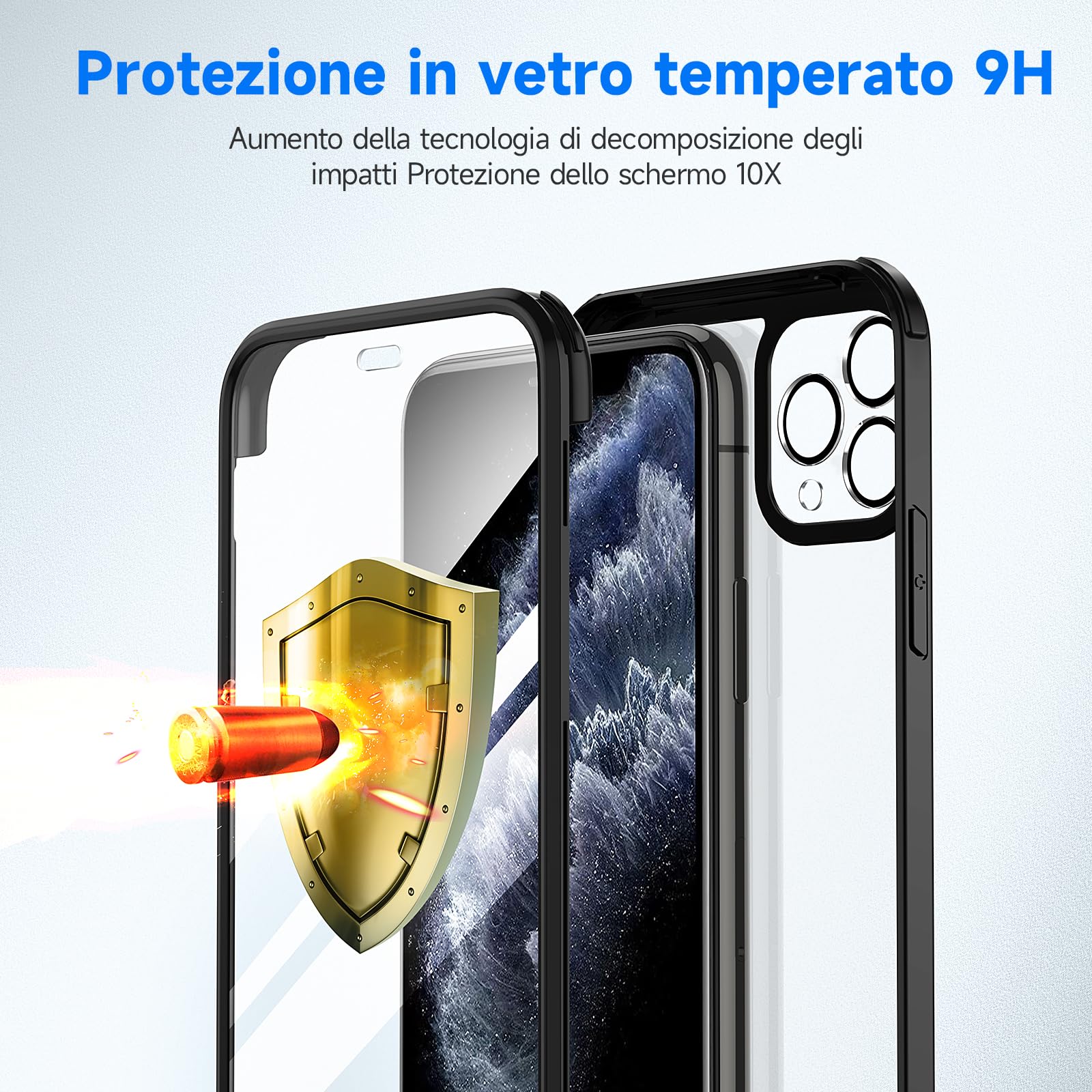 seacosmo Cover per iPhone 11 Pro, [9H HD] con Vetro Temperato Integrato Schermo, Pellicola Fotocamera, 360 Gradi Antiurto Protezione Fronte Retro Rugged Custodia Slim Doppia Faccia Case - Nero