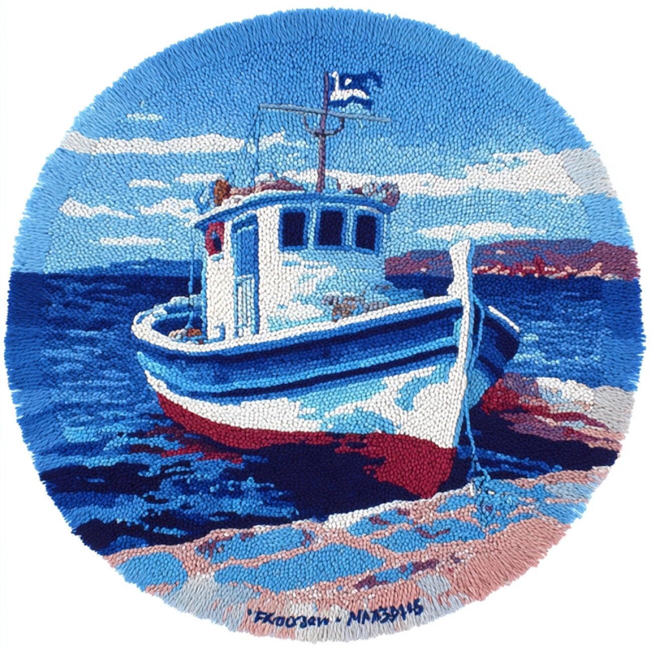 Kitquiver Round Rug Latch Hook Kit Fishing Boats at sea 80x80cm