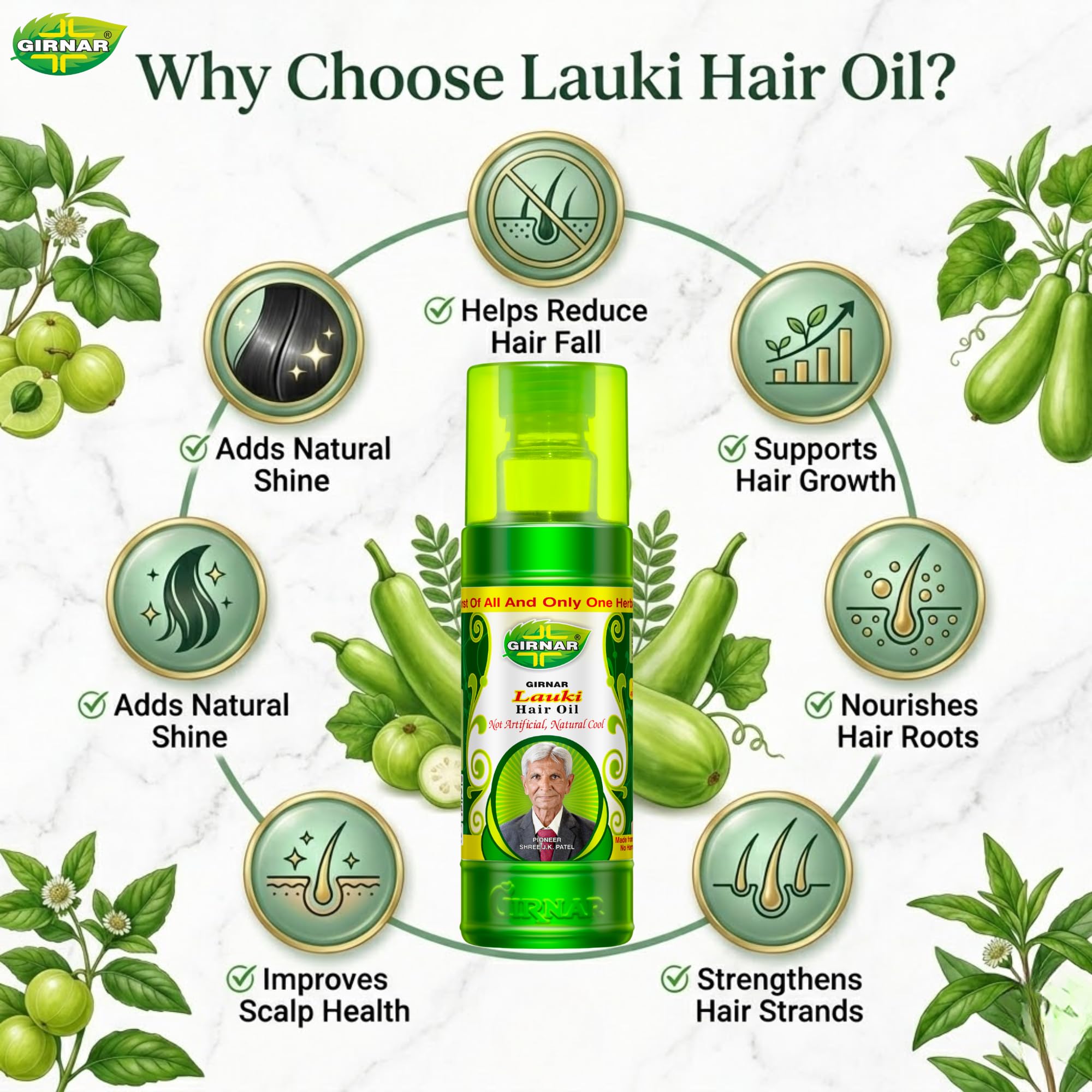 GIRNAR Lauki Hair Oil Ayurvedic 500ml with 14 Herbal Extracts, Gourd Oil for Hair Growth, Hair Fall Control & Deep Scalp Nourishment, Strong and Healthy Hair for Men & Women. 1
