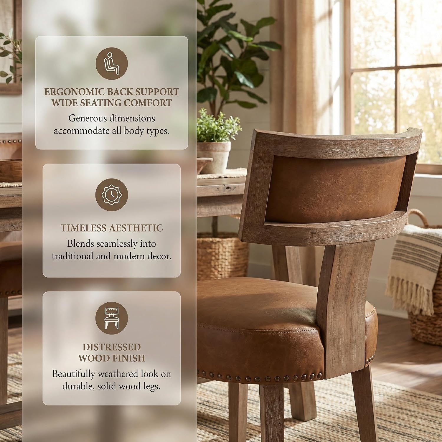 HNY Mid Century Modern Dining Chairs Set of 2, Farmhouse PU Leather Upholstered Accent Chairs Curved Nailhead Trim Backrest Kitchen Chairs, with Hardwood Frame, Brown