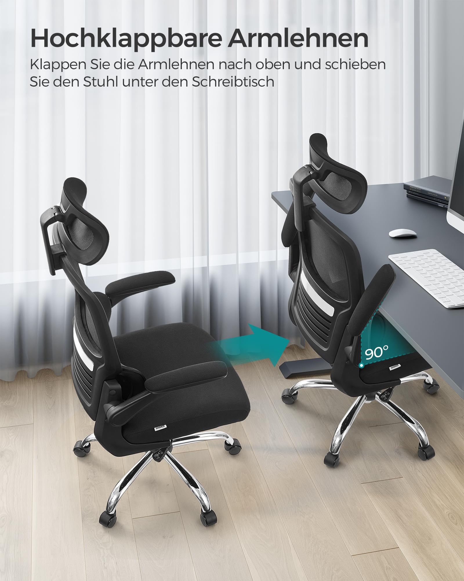 SONGMICS Bürostuhl, Schreibtischstuhl, ergonomisch, klappbare Armlehnen, hohe Rückenlehne, Netzstuhl mit Lendenwirbelstütze und Verstellbarer Kopfstütze, Wippfunktion, tintenschwarz OBN040B01