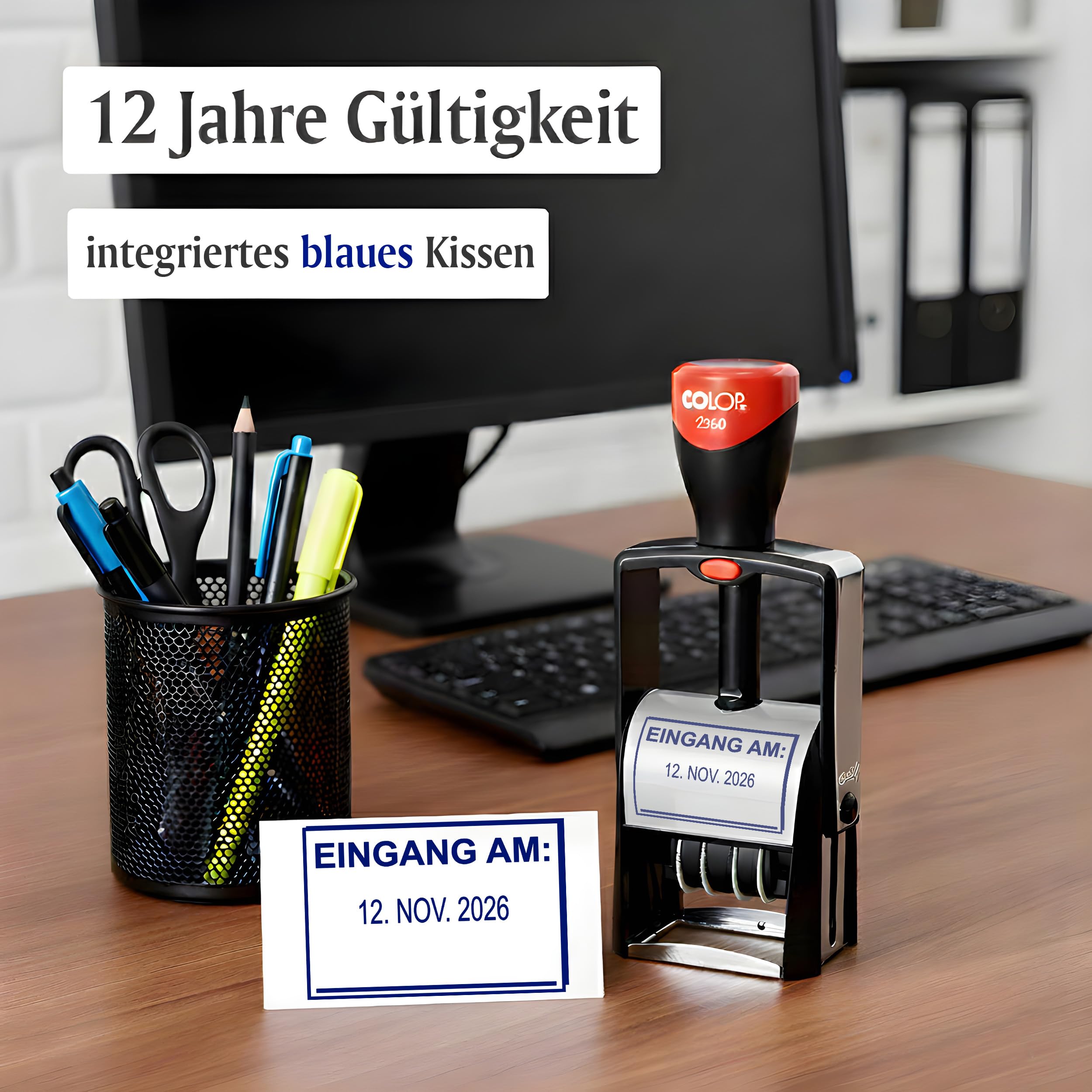Dekolando Datumsstempel Stempel EINGANG AM – Colop 2360 selbstfärbender Kontierungsstempel mit Datum 44x29 mm, verstellbar Datumstempel für Büro & Verwaltung, Firmenstempel